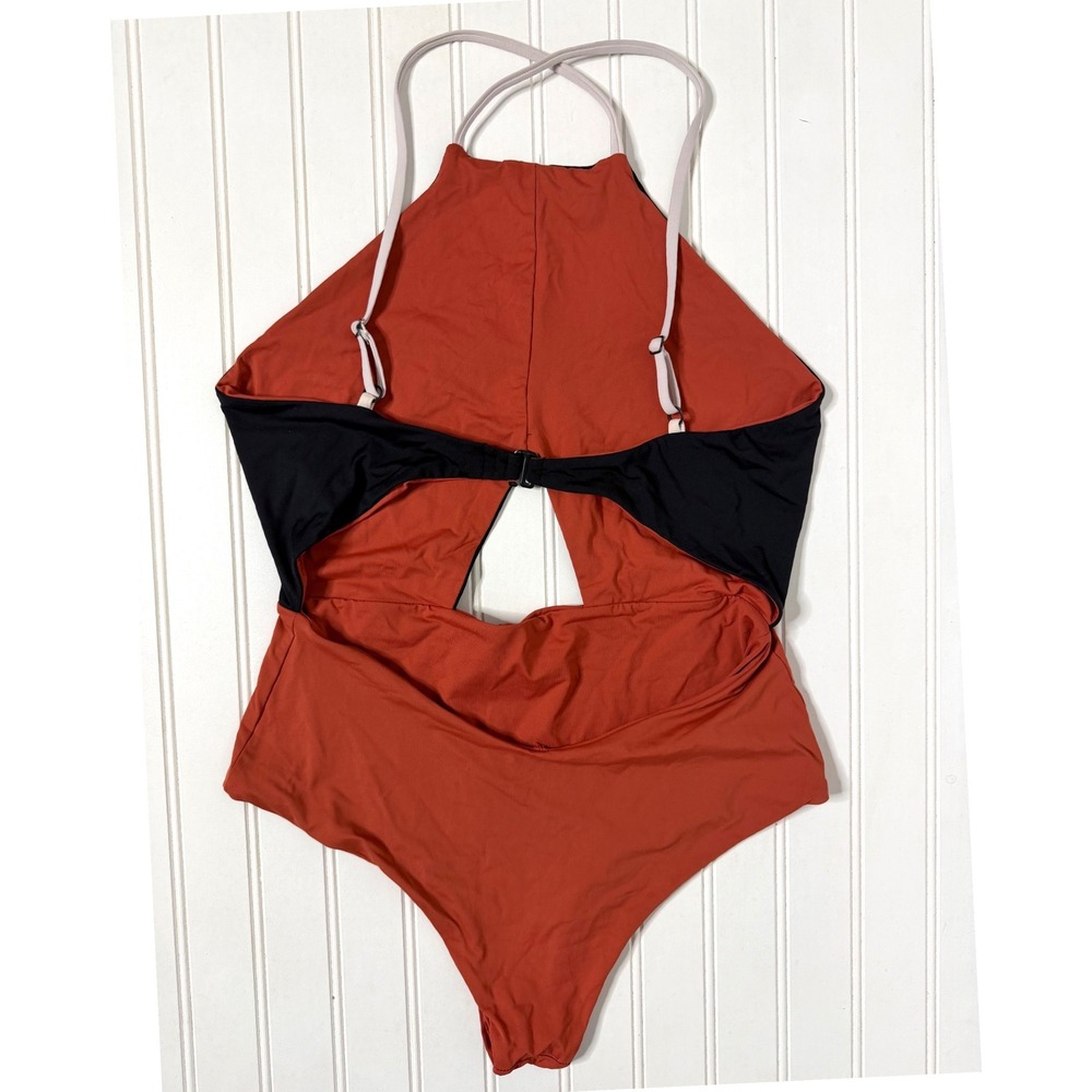 Tavik Anthropologie Black Orange Colorblock Cutout High Neck Swimsuit 233 - Picture 7 of 9